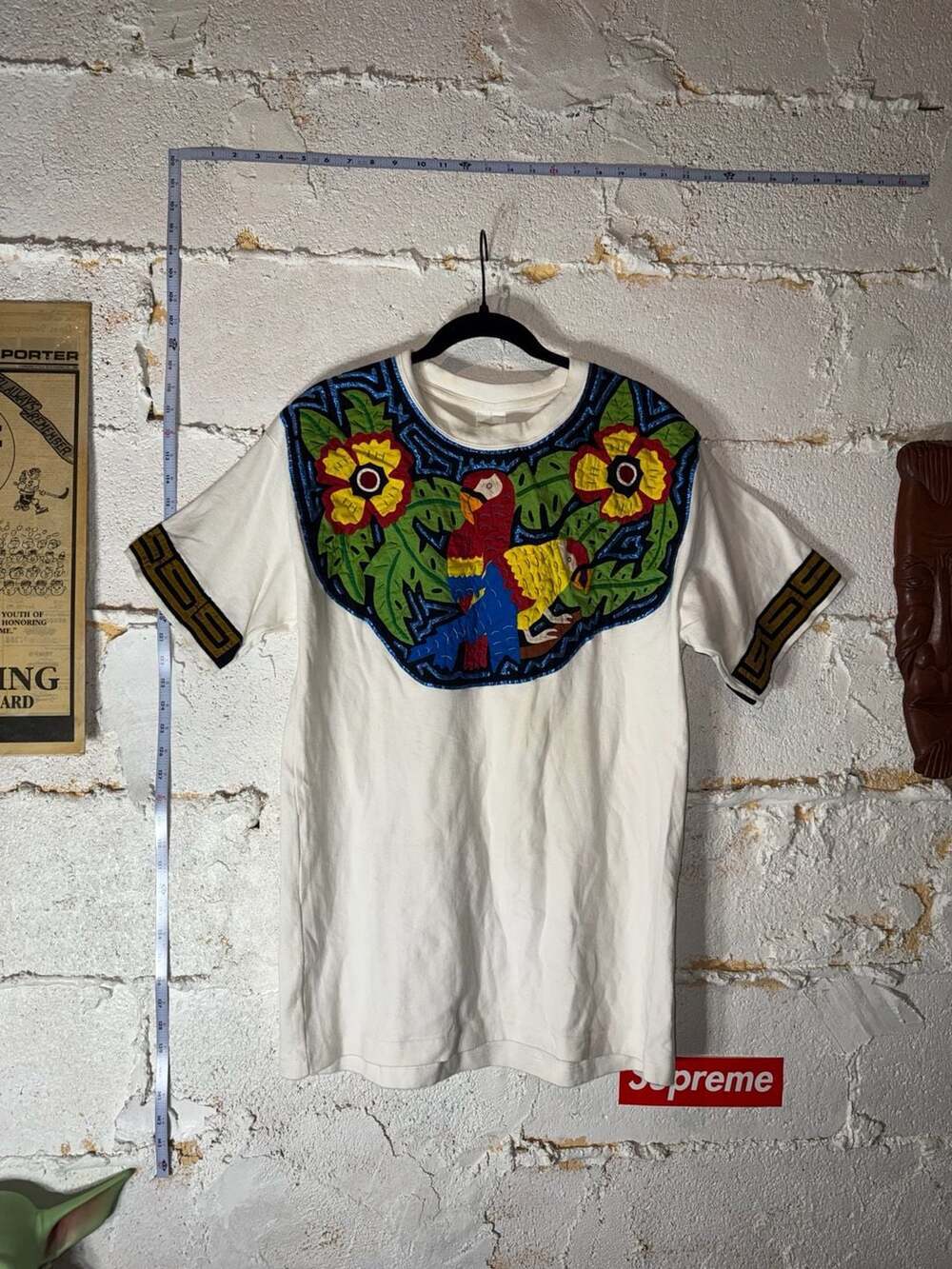 Vintage Blue Jays Embroidered Parrot Tropical Mola Art T-Shirt XL